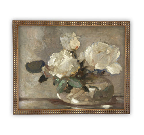 READY to SHIP 16x20 Vintage Framed Canvas Art // Vintage White Roses Painting // Still Life Botanical Farmhouse print //#BOT-109