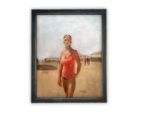 READY to SHIP 11X14 Vintage Framed Canvas Art // Vintage Beach Women Painting // Coastal Beach Art // Beach House Print // #COAS-130