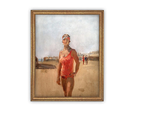 READY to SHIP 11X14 Vintage Framed Canvas Art // Vintage Beach Women Painting // Coastal Beach Art // Beach House Print // #COAS-130