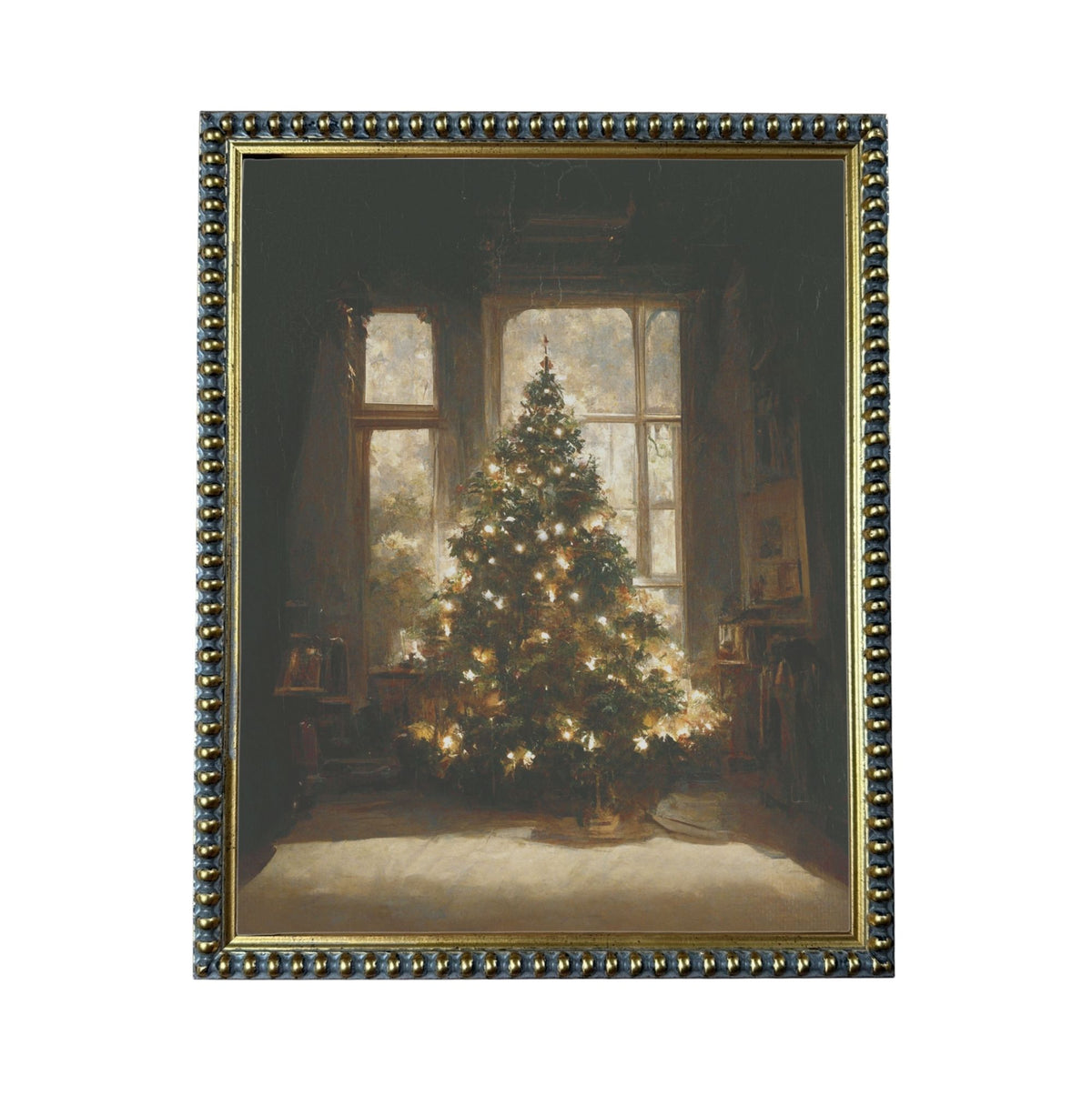 A large, beautifully decorated Christmas tree stands in a dimly lit room, with a window in the background allowing natural light to illuminate the tree.