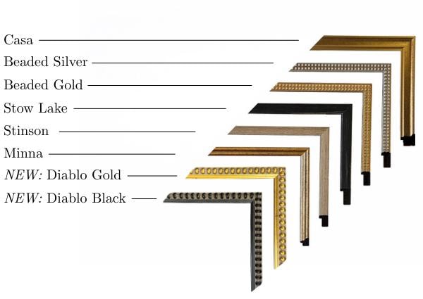 a collection of framed picture frames in various styles and colors, including silver, gold, black, and black and gold.