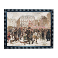 The image is a painting depicting a crowded city street scene with people, horses, and buildings in the background.