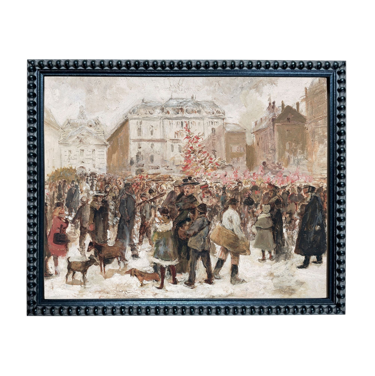The image is a painting depicting a crowded city street scene with people, horses, and buildings in the background.