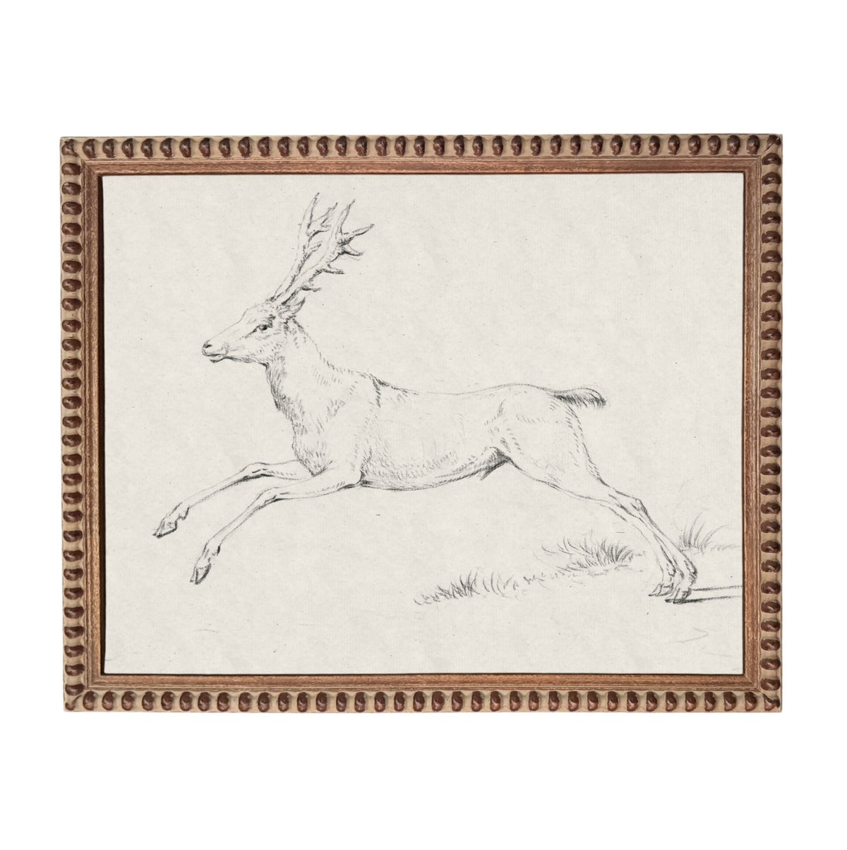 A black and white sketch of a deer in mid-leap, captured in a frame with a decorative border.