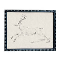 A black and white sketch of a deer in mid-leap, captured in a frame with a decorative border.