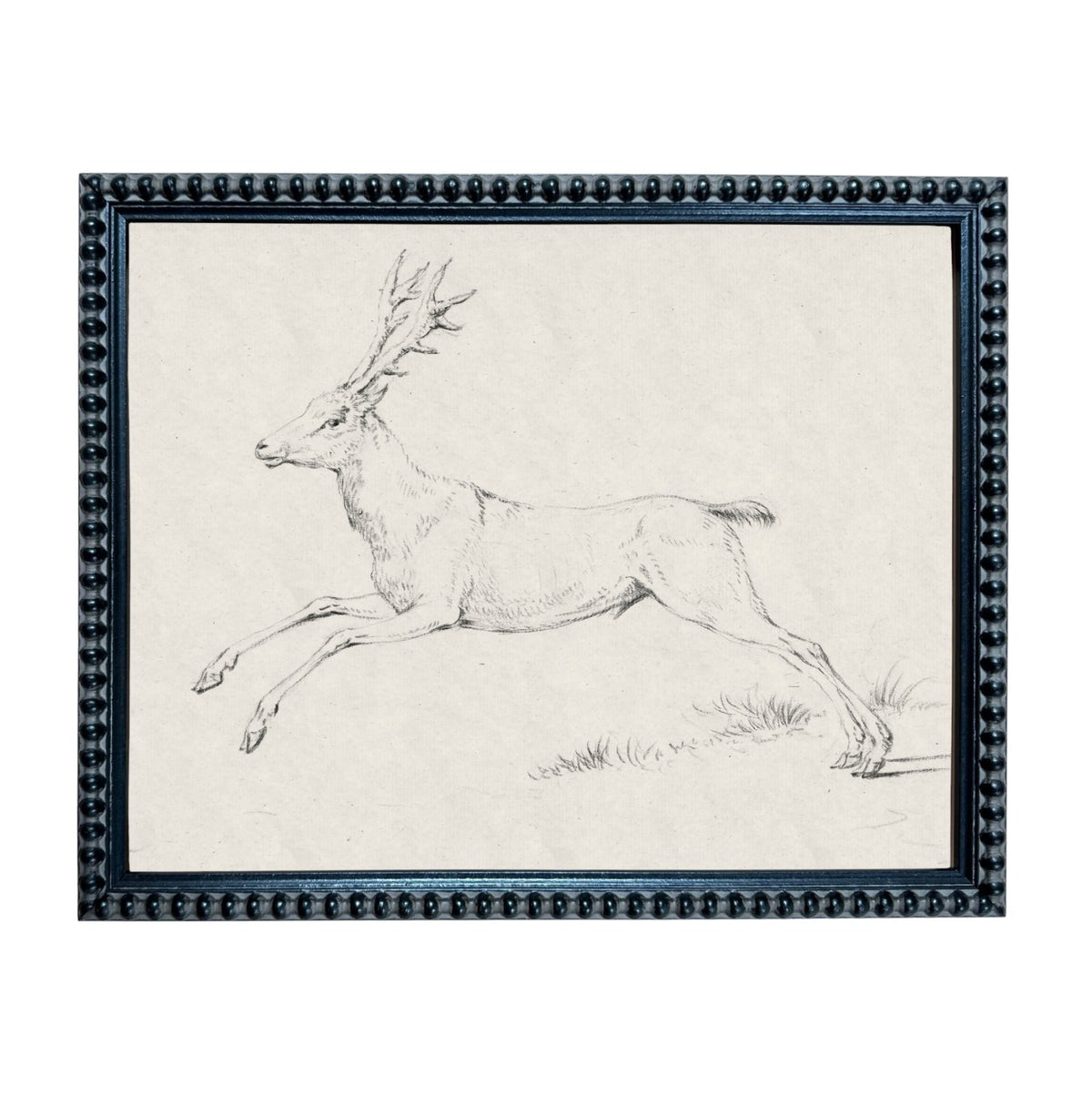 A black and white sketch of a deer in mid-leap, captured in a frame with a decorative border.