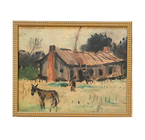Vintage Framed Canvas ArtVintage Barn with Donkey Art #LAN-166