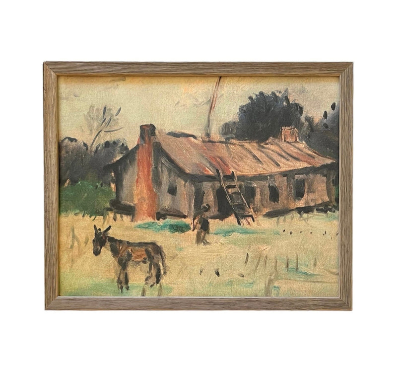 Vintage Framed Canvas ArtVintage Barn with Donkey Art #LAN-166