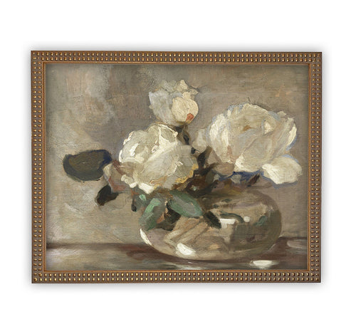 READY to SHIP 18x24 Vintage Framed Canvas Art // Vintage White Roses Painting // Still Life Botanical Farmhouse print //#BOT-109