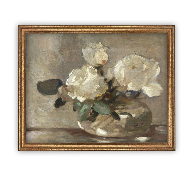 READY TO SHIP 16X20 Vintage Framed Floral Canvas Art: White Roses Still Life Print