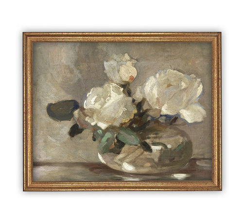 READY to SHIP 18x24 Vintage Framed Canvas Art // Vintage White Roses Painting // Still Life Botanical Farmhouse print //#BOT-109