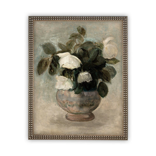 READY to SHIP 11x14 Vintage Framed Canvas Art // Vintage White Roses Painting // Still Life Botanical Farmhouse print //#BOT-126