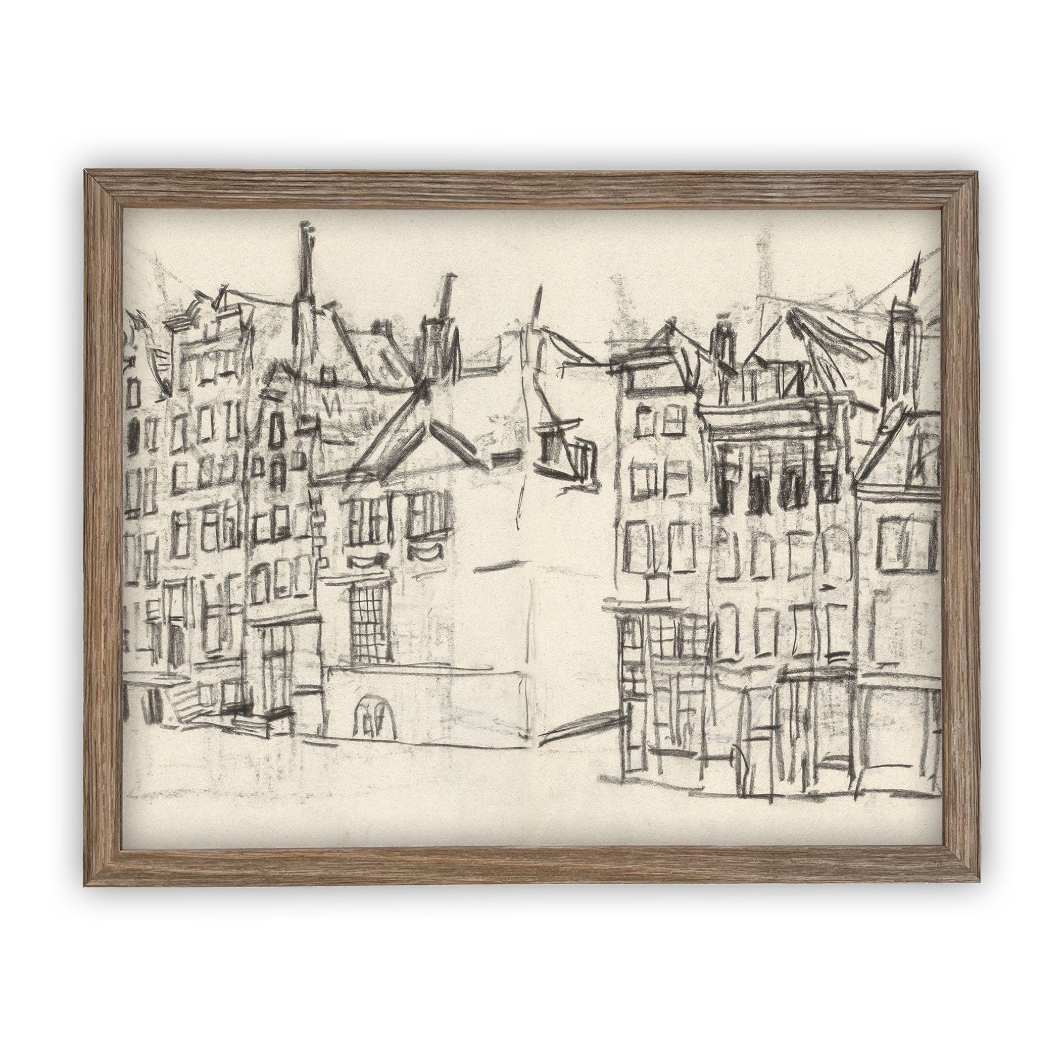 READY to SHIP 24x36 Vintage Cityscape Sketch Print on Canvas