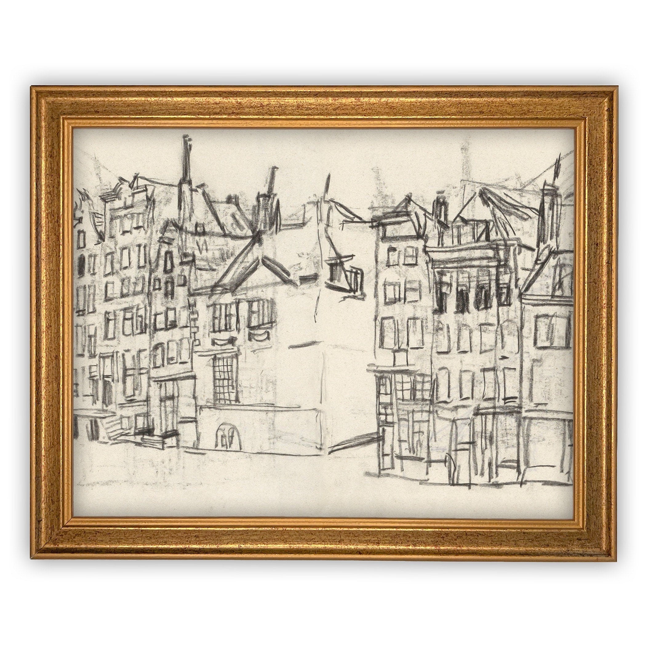 READY to SHIP 24x36 Vintage Cityscape Sketch Print on Canvas