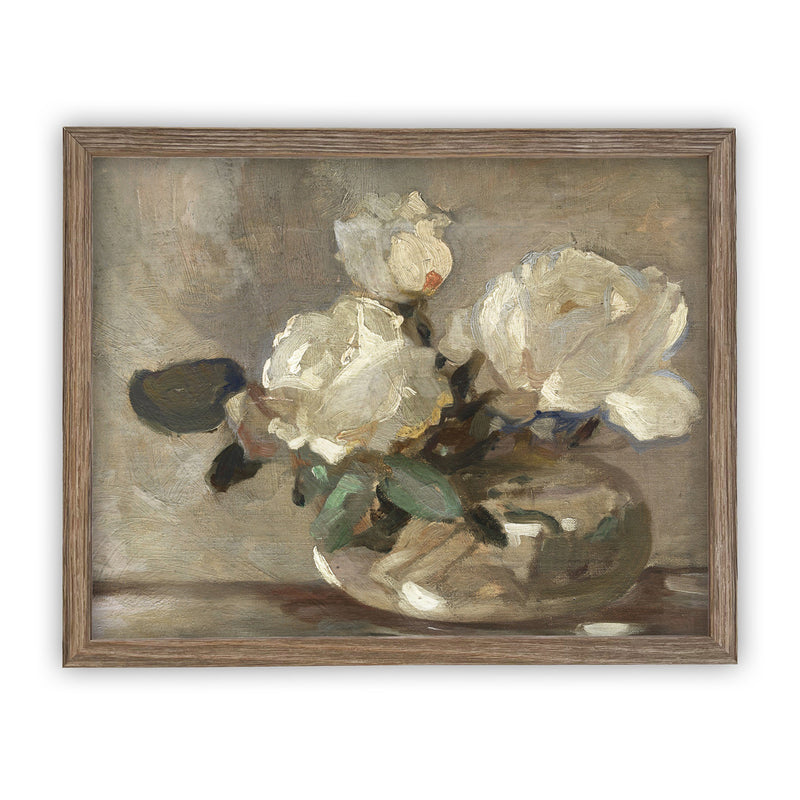 READY to SHIP 18x24 Vintage Framed Canvas Art // Vintage White Roses Painting // Still Life Botanical Farmhouse print //#BOT-109