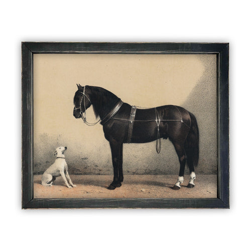 READY to SHIP 18x24 Vintage Framed Canvas Art // Vintage Painting // Horse and Dog Equestrian Art // Farmhouse print //#A-124