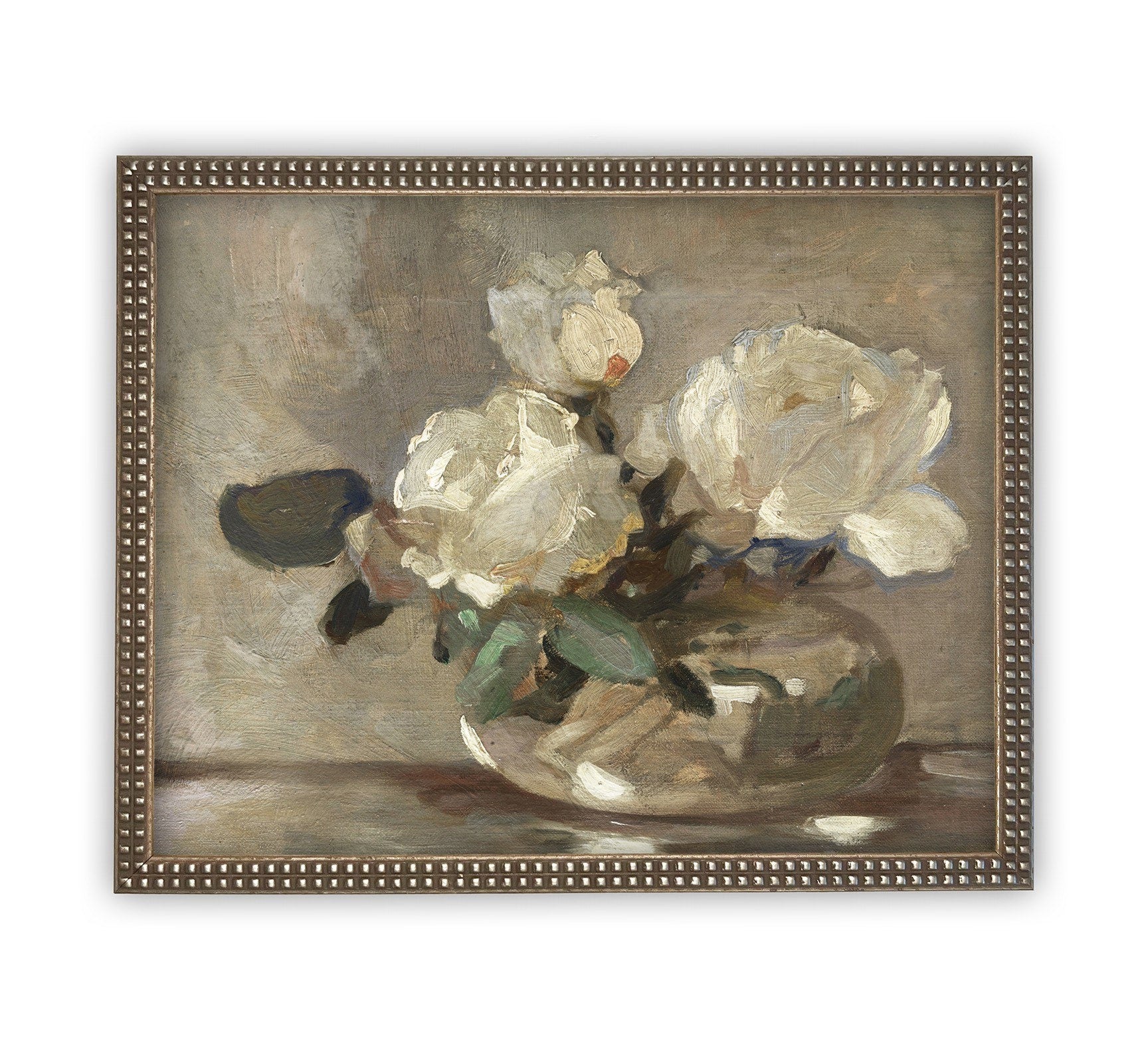 READY TO SHIP 16X20 Vintage Framed Floral Canvas Art: White Roses Still Life Print