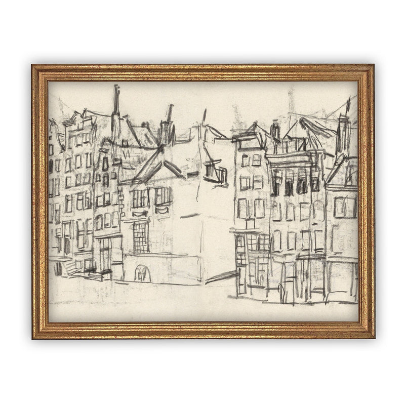 READY to SHIP 24x36 Vintage Cityscape Sketch Print on Canvas