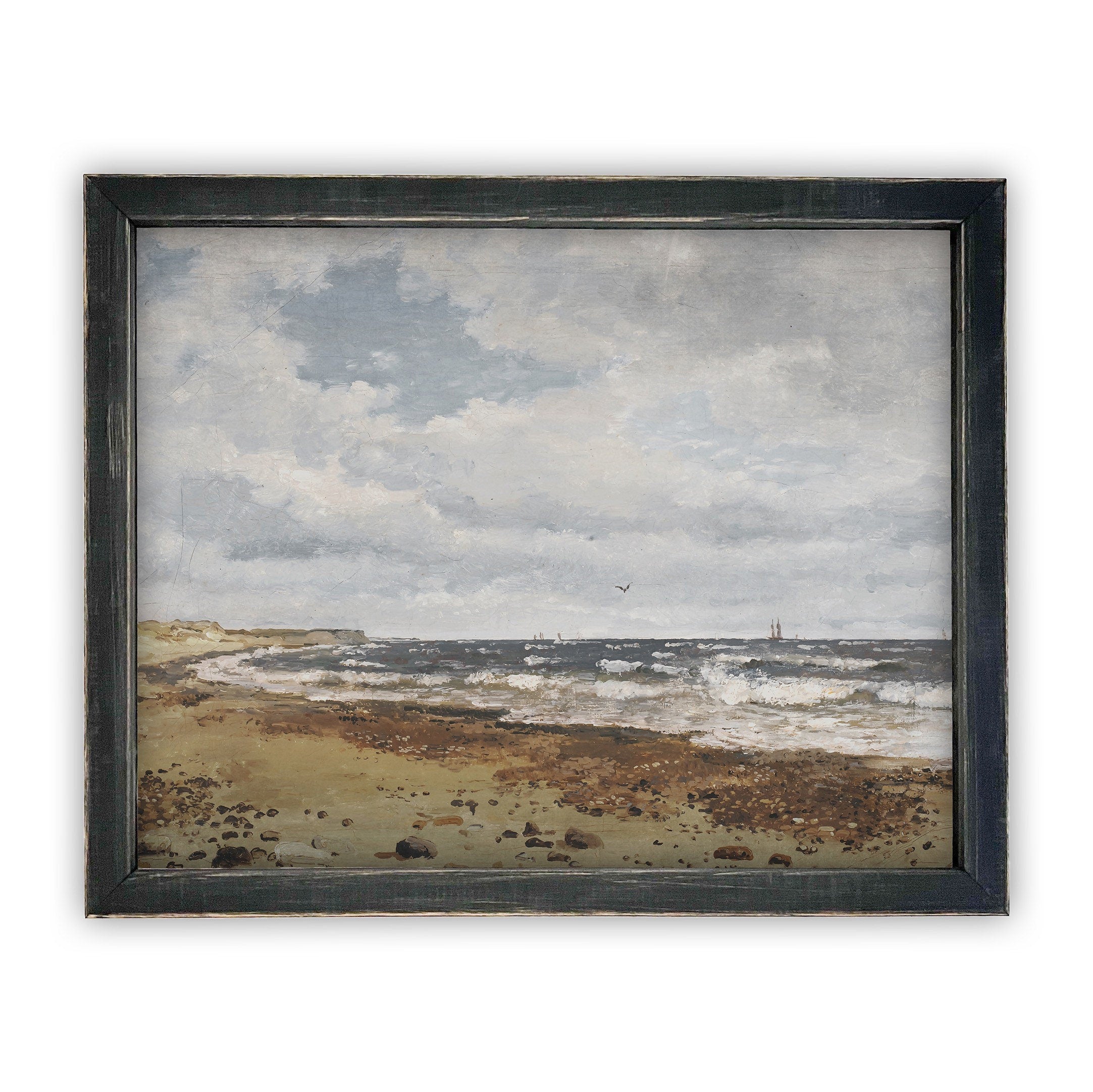 READY to SHIP 11x14 Framed Seascape Canvas Art Print: Coastal Beach Painting