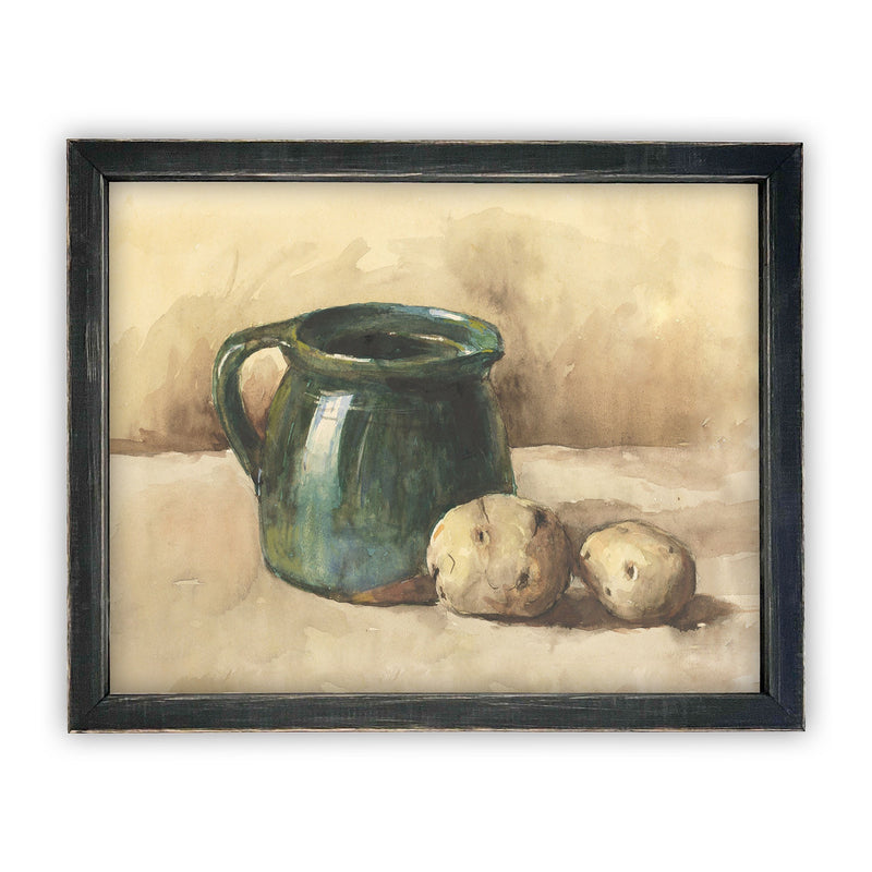 READY to SHIP 11x14 Vintage Framed Canvas Art // Green Pottery Still Life Print // Farmhouse Kitchen Print //#ST-611