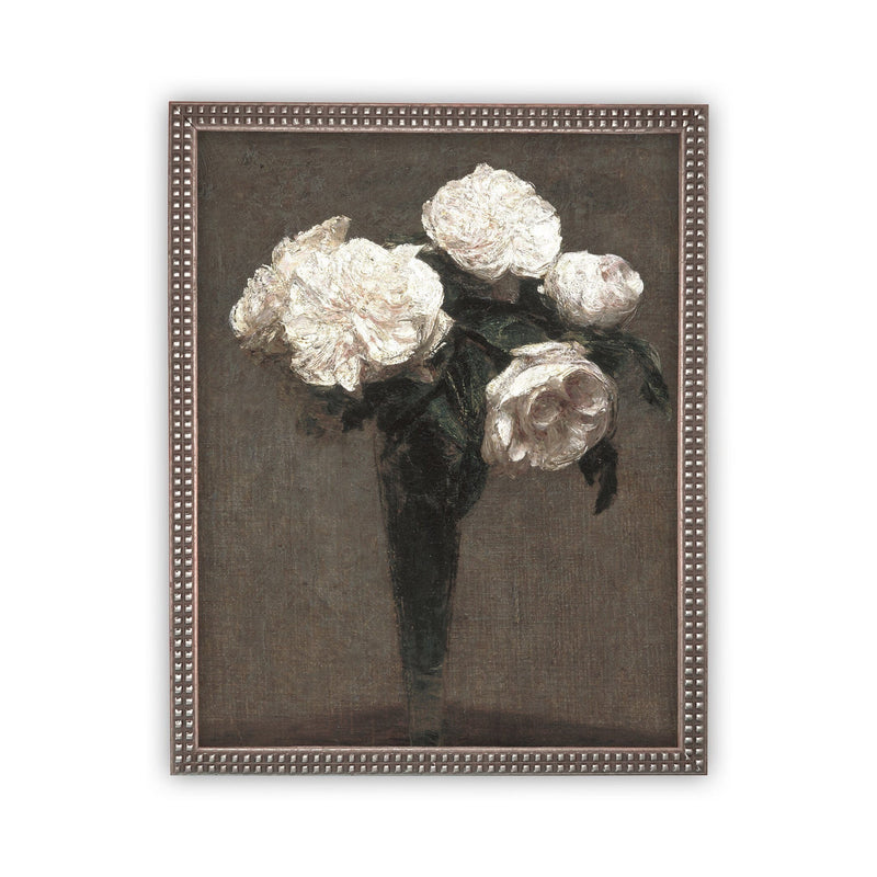 READY to SHIP 11x14 Vintage Framed Canvas Art // Vintage White Roses Painting // Still Life Floral // Farmhouse Art //#BOT-131