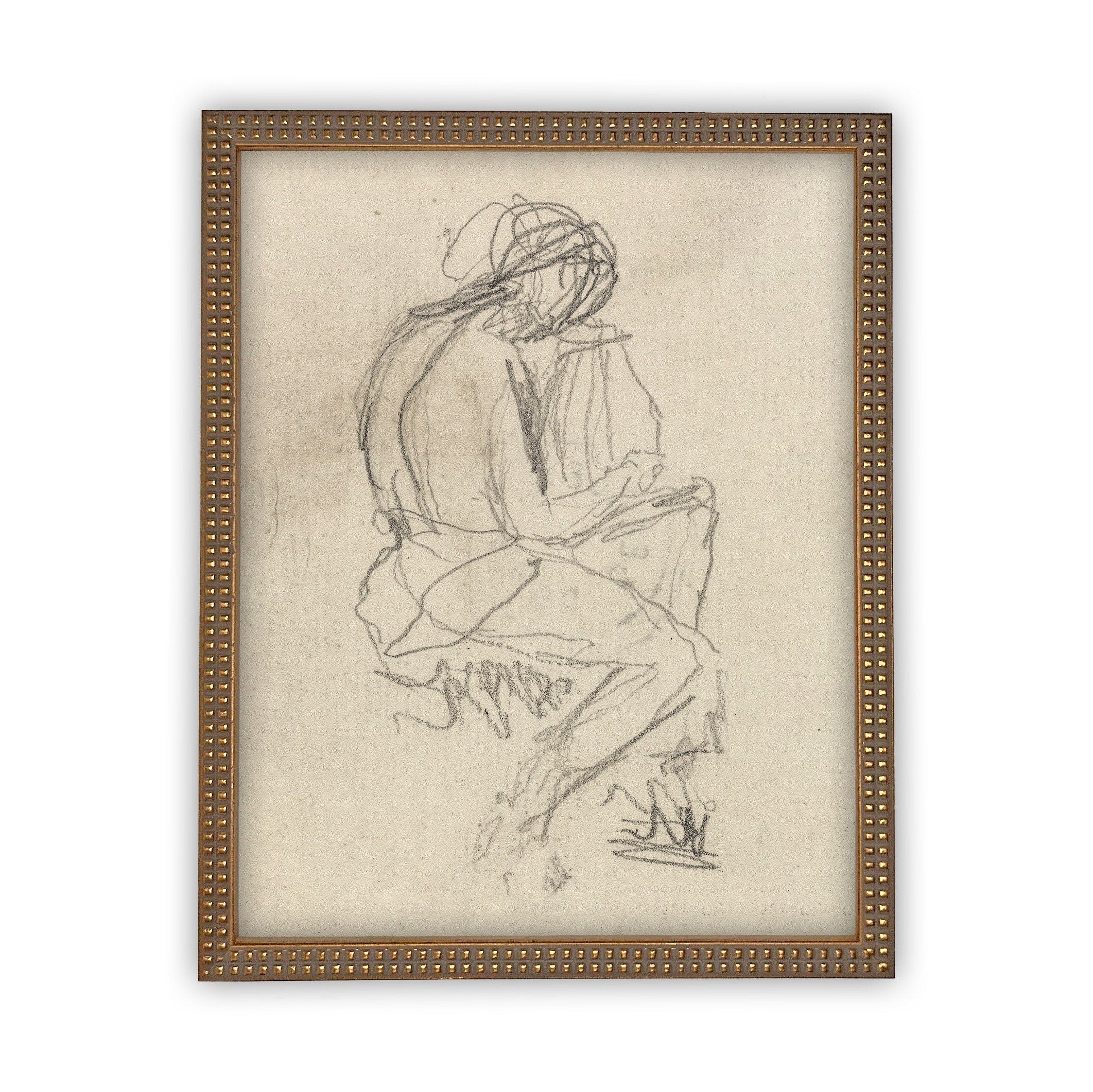 READY TO SHIP 18X24 Vintage Framed Canvas Sketch Art: Neutral Portrait Print