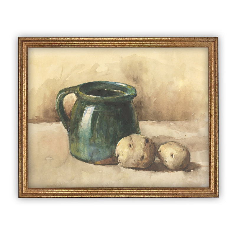 READY to SHIP 11x14 Vintage Framed Canvas Art // Green Pottery Still Life Print // Farmhouse Kitchen Print //#ST-611