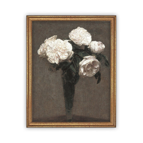 READY to SHIP 11x14 Vintage Framed Canvas Art // Vintage White Roses Painting // Still Life Floral // Farmhouse Art //#BOT-131