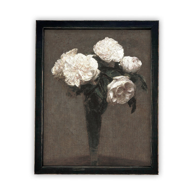 READY to SHIP 11x14 Vintage Framed Canvas Art // Vintage White Roses Painting // Still Life Floral // Farmhouse Art //#BOT-131