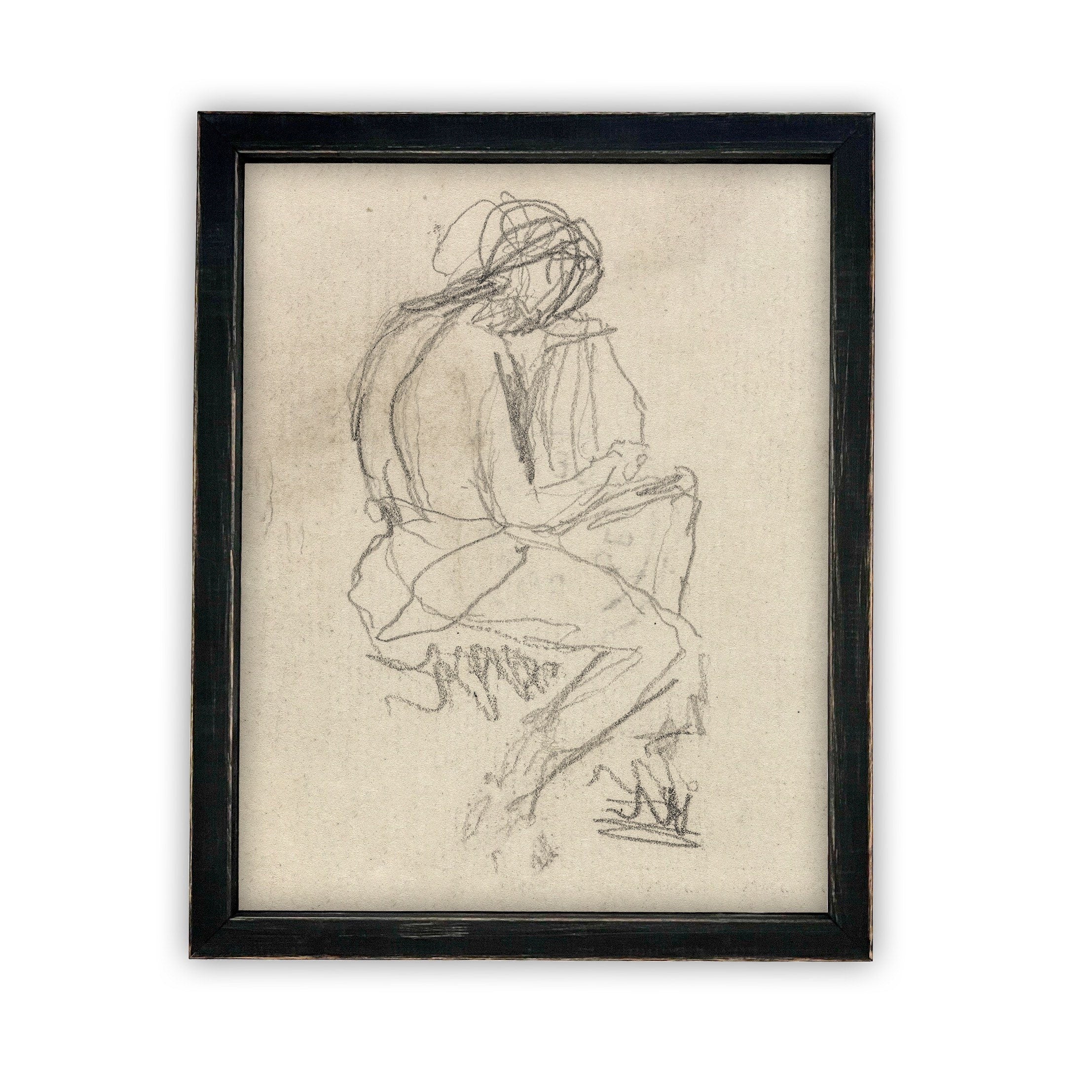READY TO SHIP 18X24 Vintage Framed Canvas Sketch Art: Neutral Portrait Print