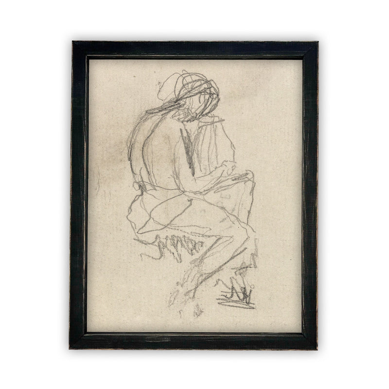 READY TO SHIP 18X24 Vintage Framed Canvas Sketch Art: Neutral Portrait Print