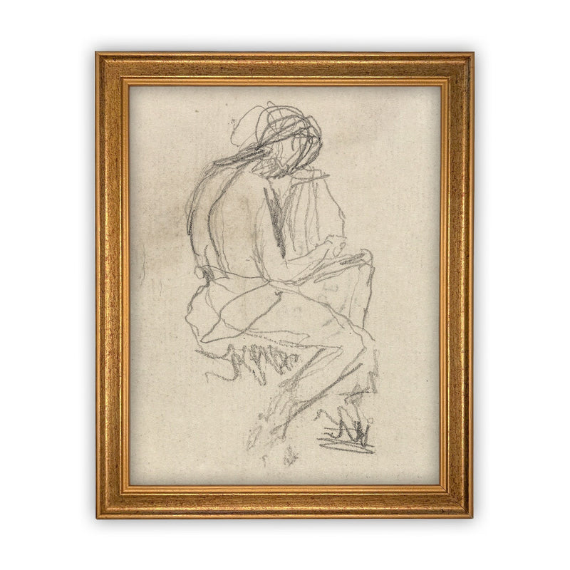 READY TO SHIP 18X24 Vintage Framed Canvas Sketch Art: Neutral Portrait Print