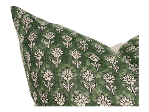 Designer "Larkspur" Floral Pillow Cover // Green and Cream Pillow Cover