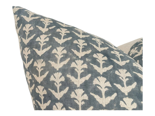 Designer "Clovis" Block Print Pillow Cover // Gray Blue Pillow Cover