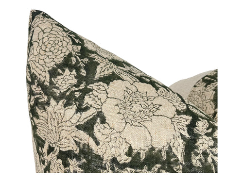 Designer "Oakdale" Floral Pillow Cover // Forest Green and Natural Pillow Cover