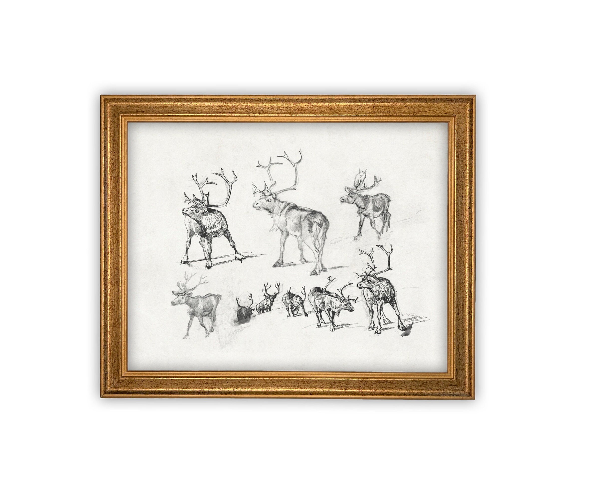 READY to SHIP 11x14 Vintage Framed Canvas Art // Framed Vintage Christmas Print // Christmas Reindeer Painting // Farmhouse print //#CH-321
