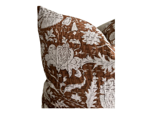 Designer Carmel Quilted Block Print Pillow Cover in Kantha