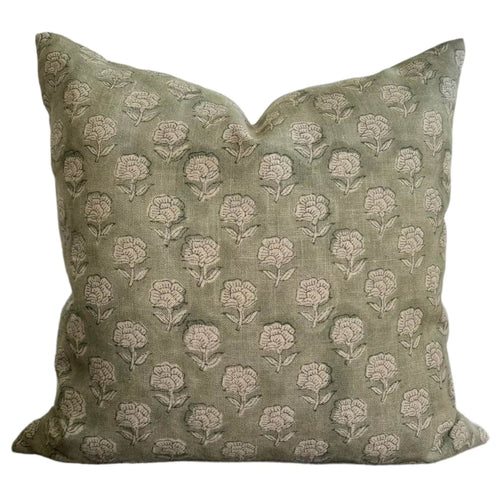 Designer Bandon Floral Linen Pillow Cover in Sage Green