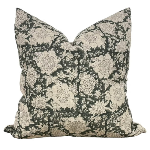 Designer "Oakdale" Floral Pillow Cover // Forest Green and Natural Pillow Cover