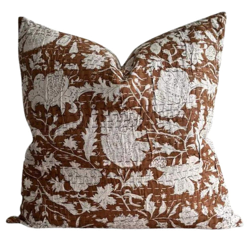 Designer Carmel Quilted Block Print Pillow Cover in Kantha