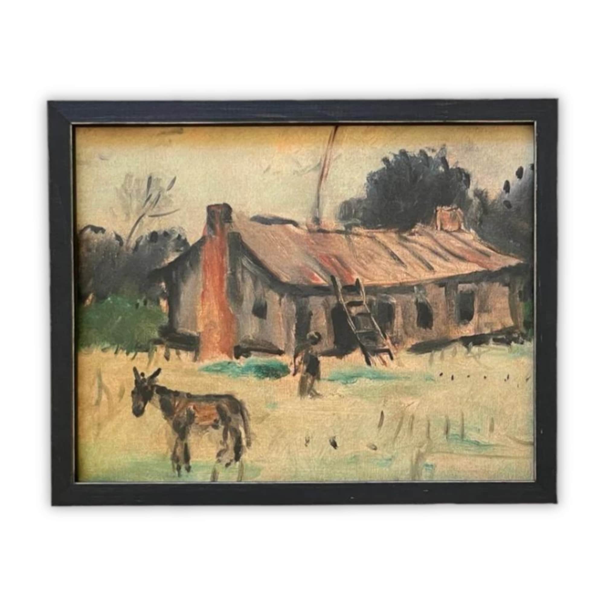 READY to SHIP 11x14 Framed Canvas Print: Barn with Donkey, Farmhouse Art
