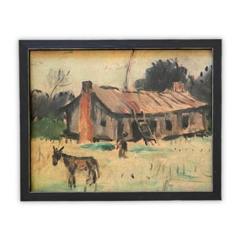 READY to SHIP 11x14 Framed Canvas Print: Barn with Donkey, Farmhouse Art