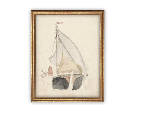 Vintage Framed Canvas Art // Framed Vintage Print // Vintage Sailboat Painting // Boating Art // Beach House Print //#COAS-139