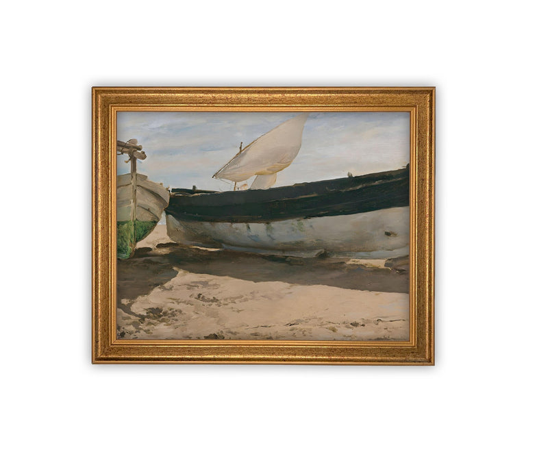 Vintage Framed Canvas Art // Framed Vintage Nautical Print // Vintage Painting // Sailboat Art on Beach // Beach House print //#COAS-142