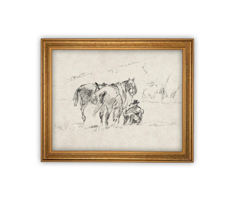 READY TO SHIP 8X10 Framed Vintage Horse Sketch Art Print: Farmhouse Canvas