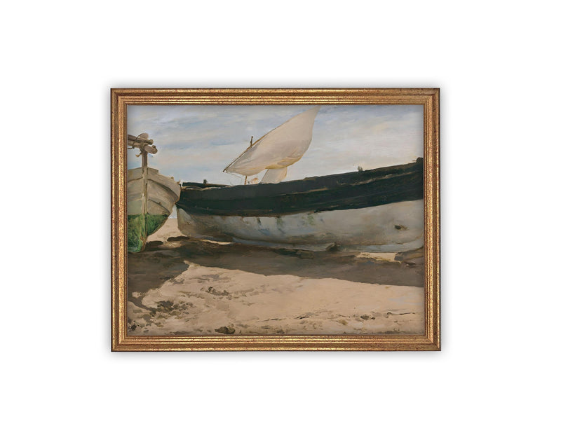 Vintage Framed Canvas Art // Framed Vintage Nautical Print // Vintage Painting // Sailboat Art on Beach // Beach House print //#COAS-142