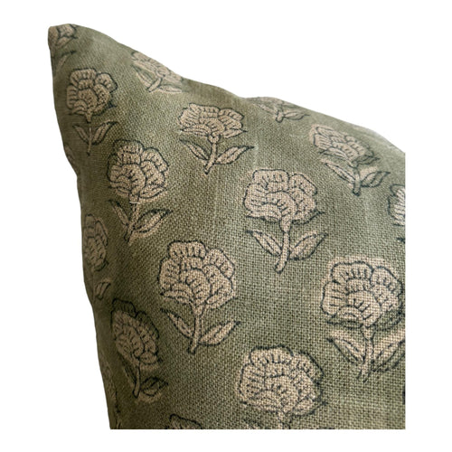 Designer Bandon Floral Linen Pillow Cover in Sage Green