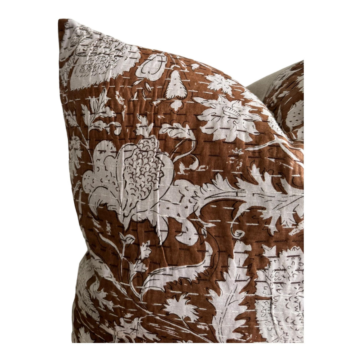 READY TO SHIP 14X 36 Double Sided Designer "Carmel" Block Print Kantha Quilted Pillow Cover // Brown Pillow Cover // Boutique Pillow Covers