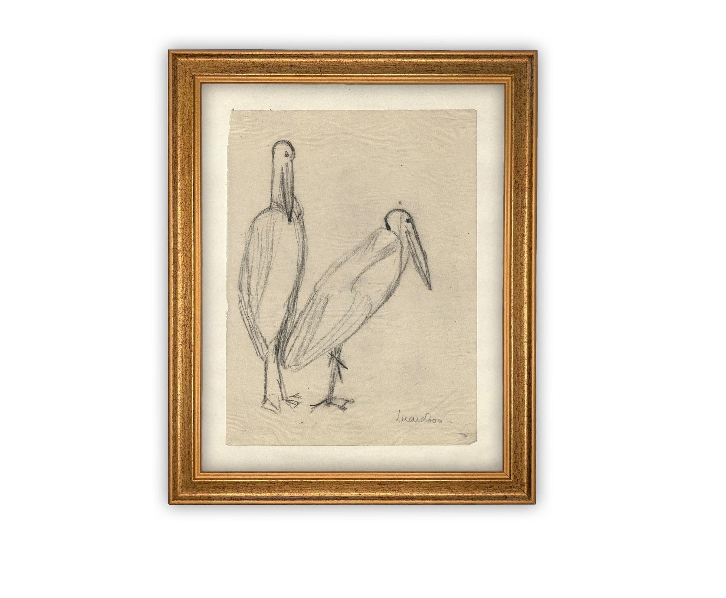 READY TO SHIP 24X36 Vintage Birds Sketch Framed Canvas Art: Nursery Print