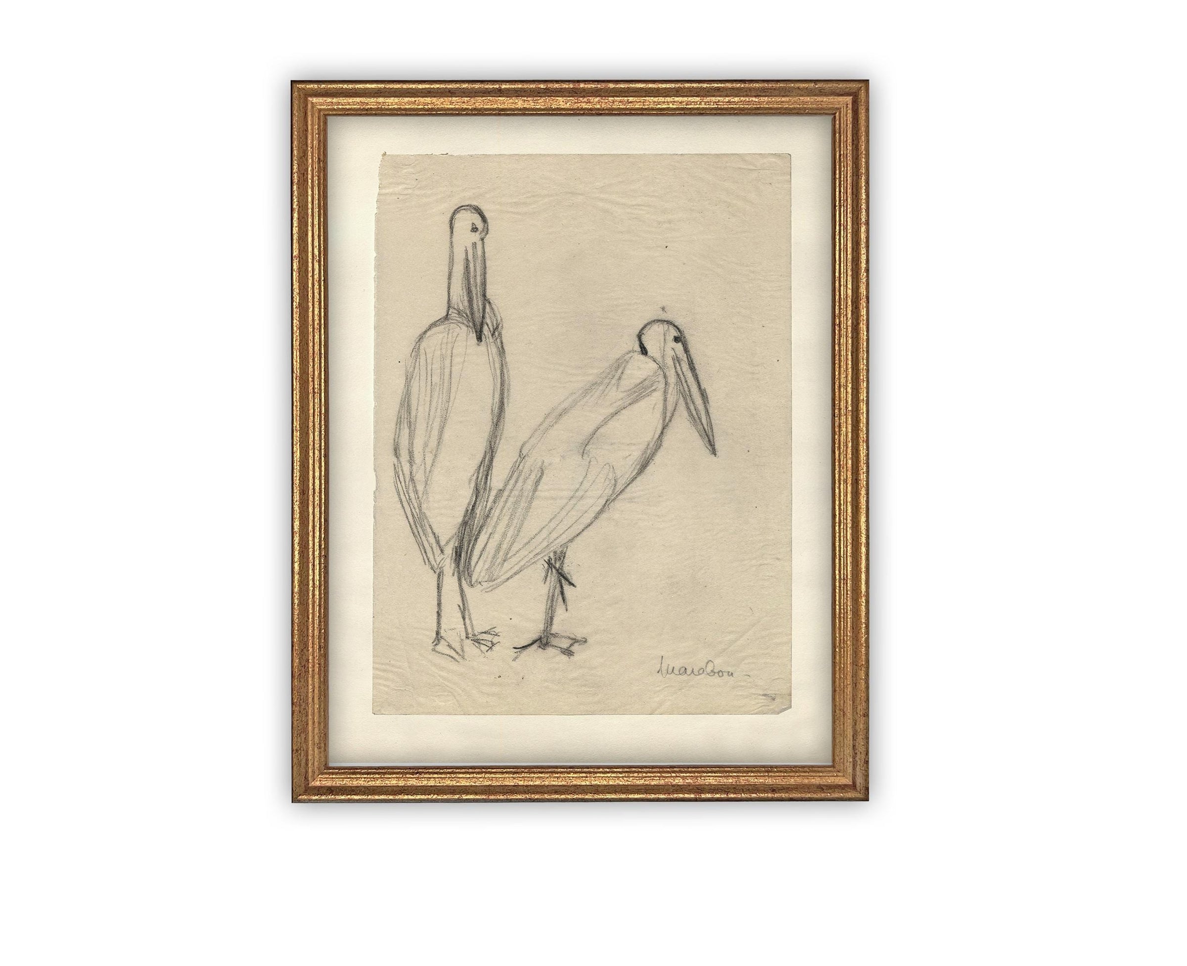 READY TO SHIP 24X36 Vintage Birds Sketch Framed Canvas Art: Nursery Print